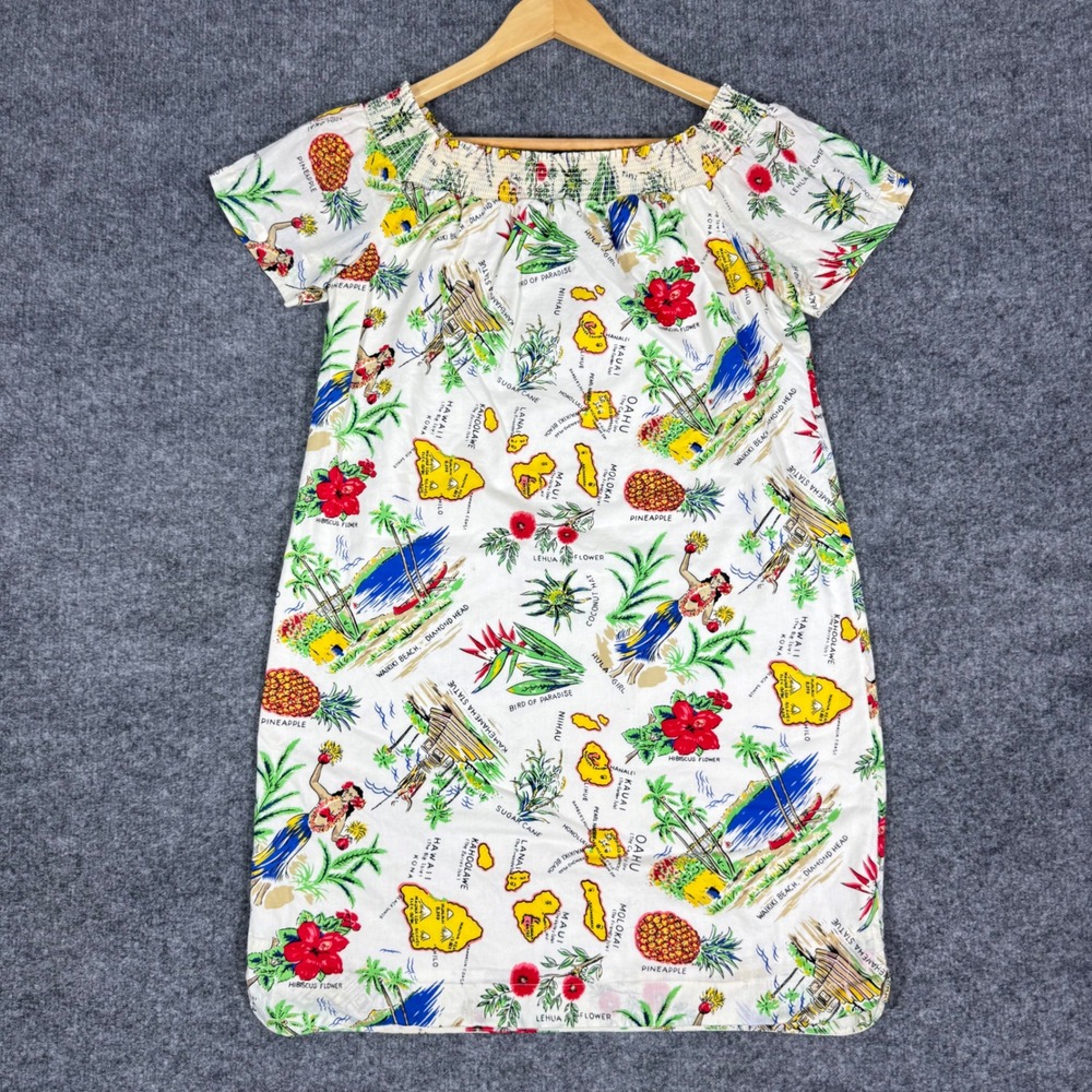 J.Crew Hawaii Map Print Smocked Dress Womens 6 White Cotton EUC G5886 Hawaiian